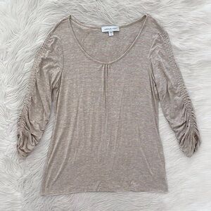 Amour Vert Beige Oatmeal Pink Stripe Ruched Long Sleeve Scoop Neck Tee Shirt
